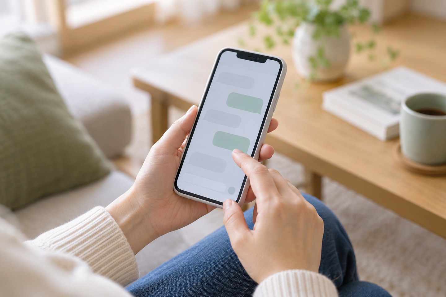スマートフォンの画面にAIの返事が表示されている手元