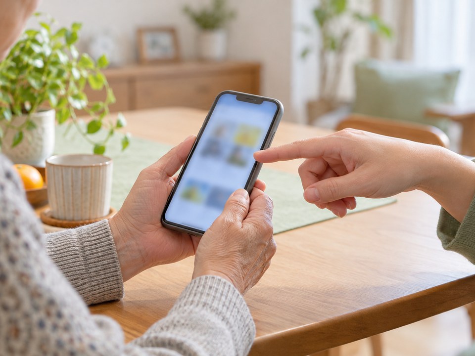 シニアの方がご家族と一緒にスマートフォンを操作する手元