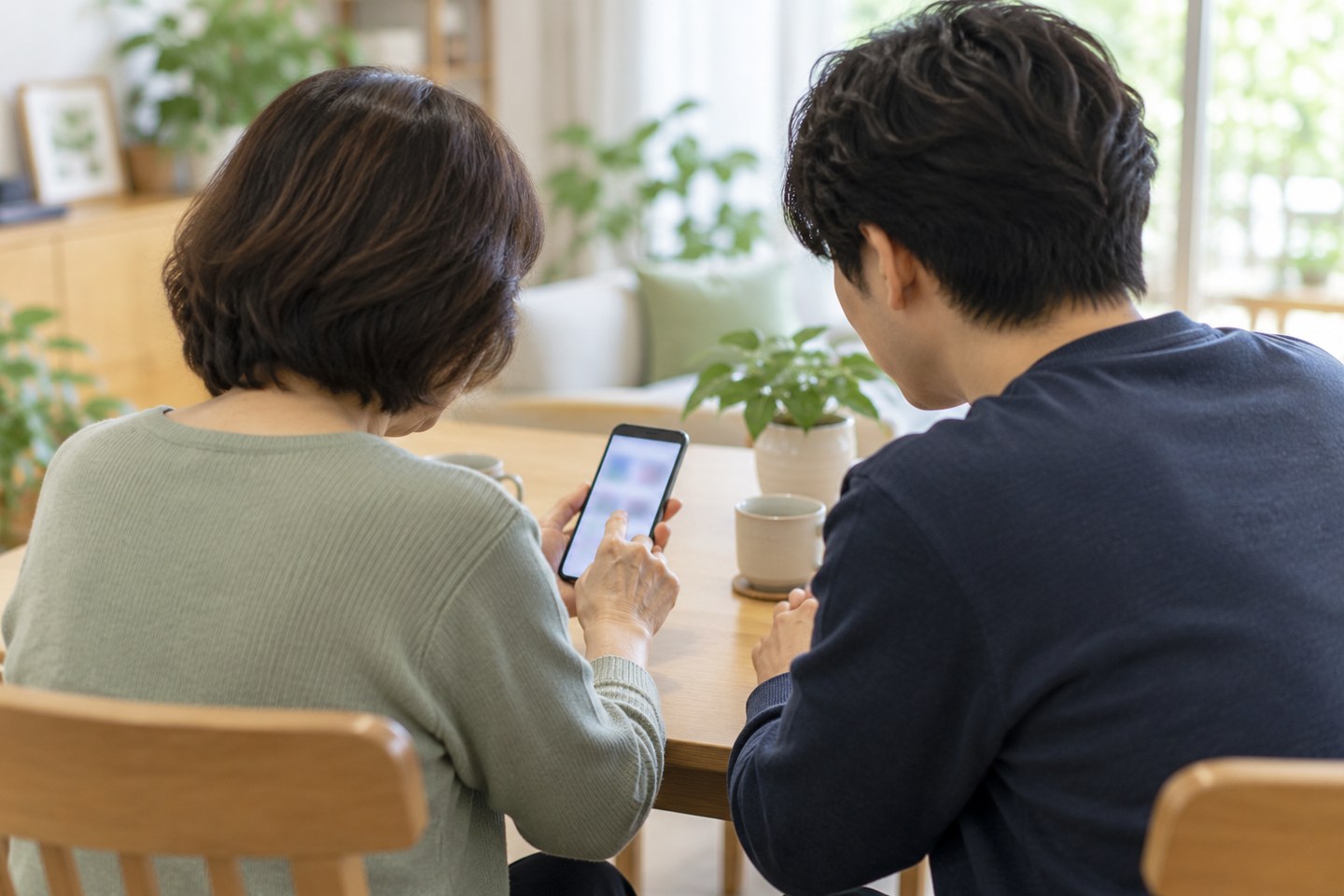 となりで一緒にスマートフォンの使い方を確かめている場面