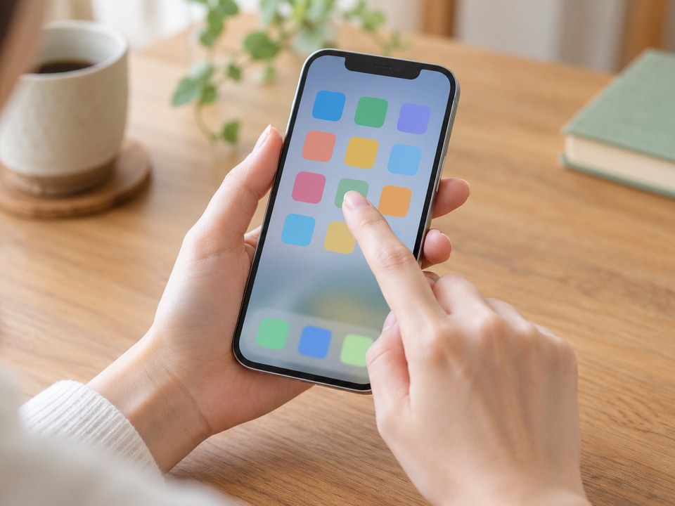 スマートフォンの画面でアプリを選んでいる手元