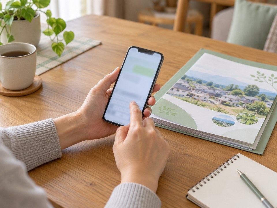回覧板の横でスマートフォンを使って文章を作る手元