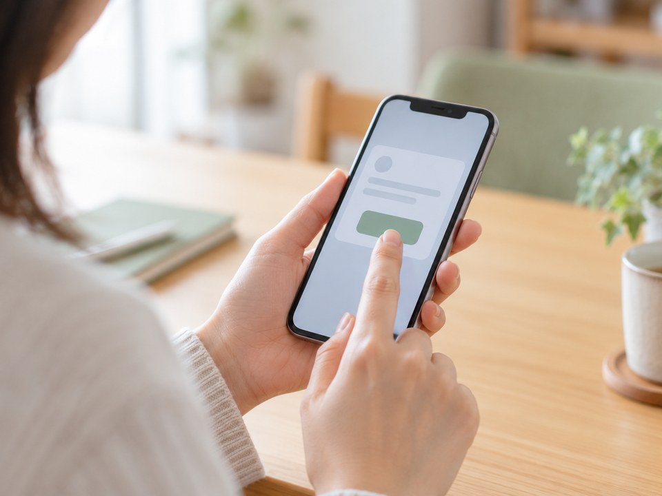 スマートフォンに届いた確認の通知を操作する手元