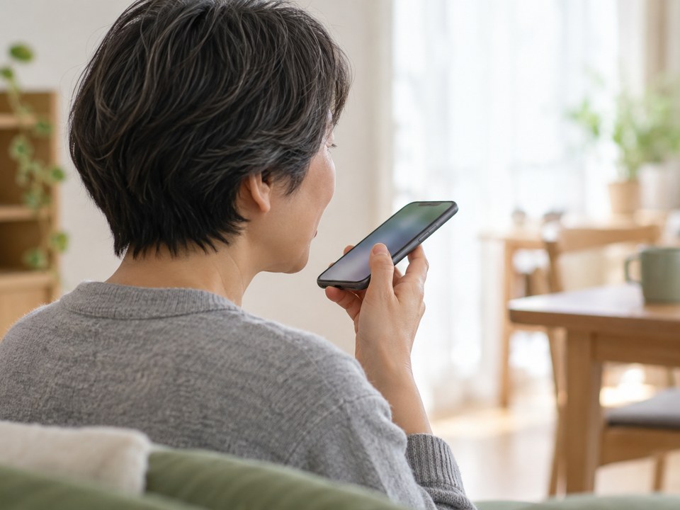 スマートフォンに声で話しかけている場面