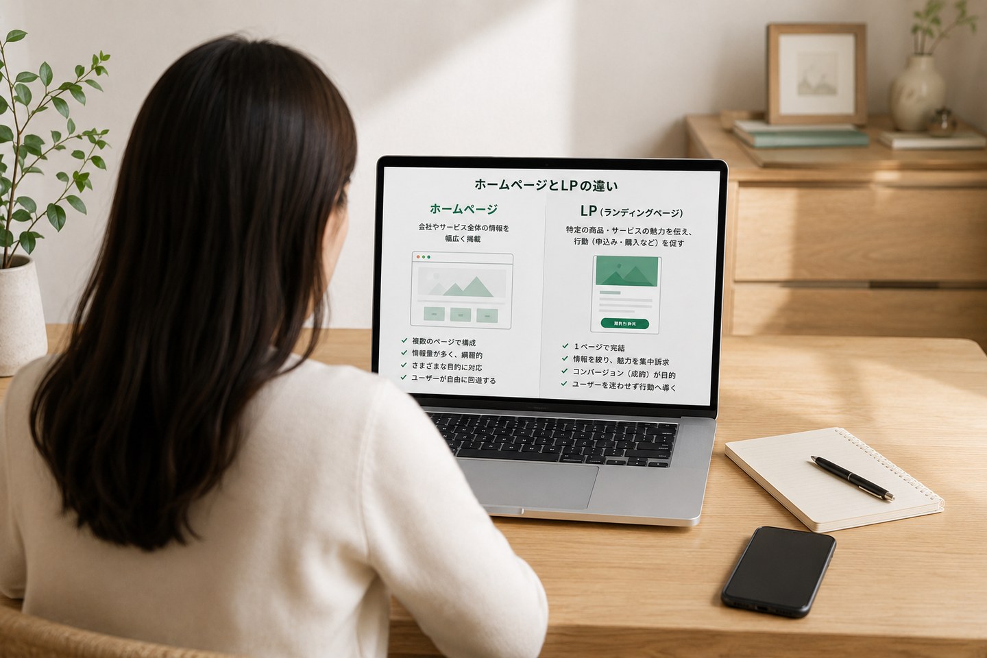 スマートフォンとパソコンに表示したホームページとLPの構成の違い