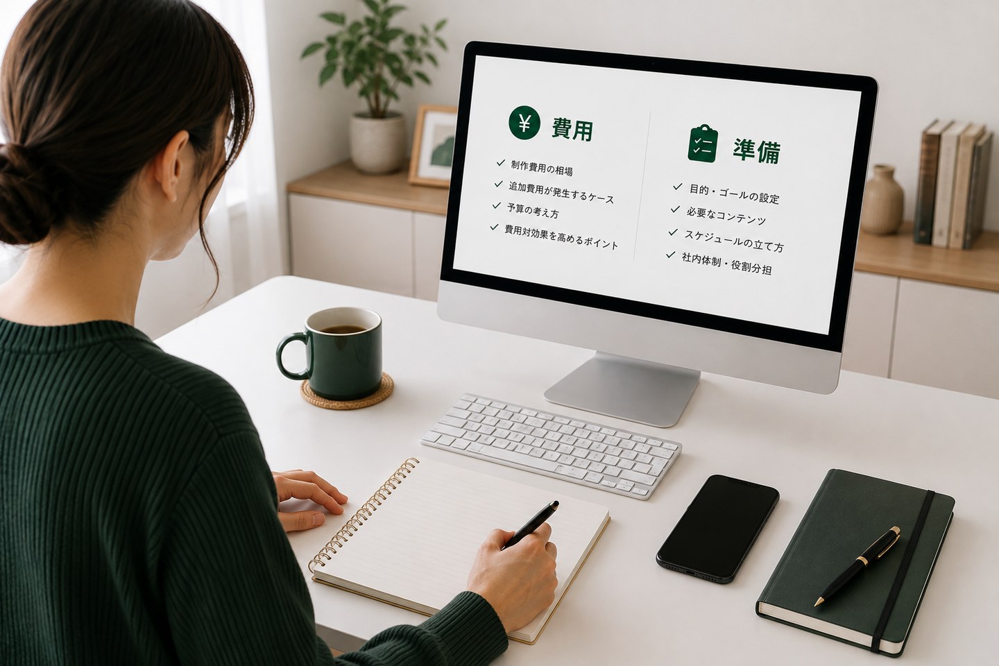観葉植物、電卓、ノート、チェックリストと財布のアイコンを置いたWeb画面のイラスト