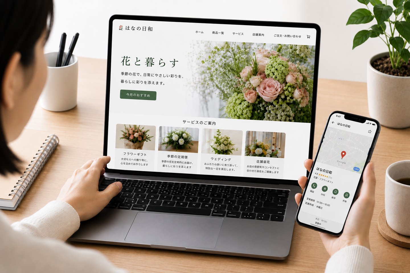 同じ架空の花店について、ホームページとGoogleマップの店舗情報を見比べる場面