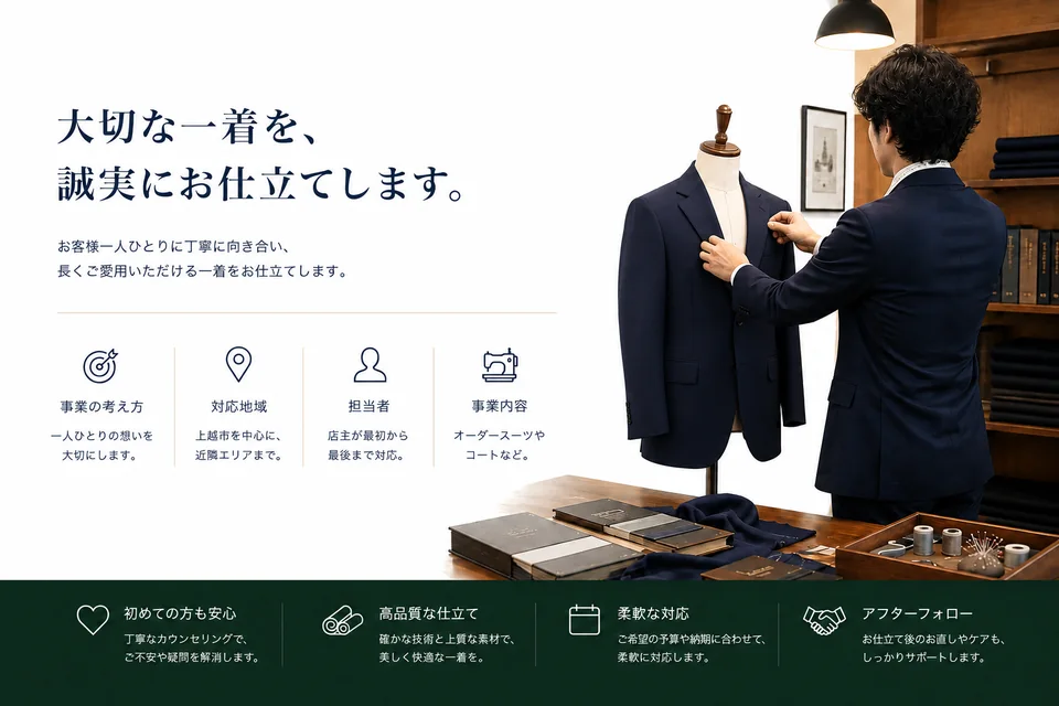 架空の縫製工房サイトで、仕事の考え方・対応地域・相談情報をまとめる事業者紹介画面