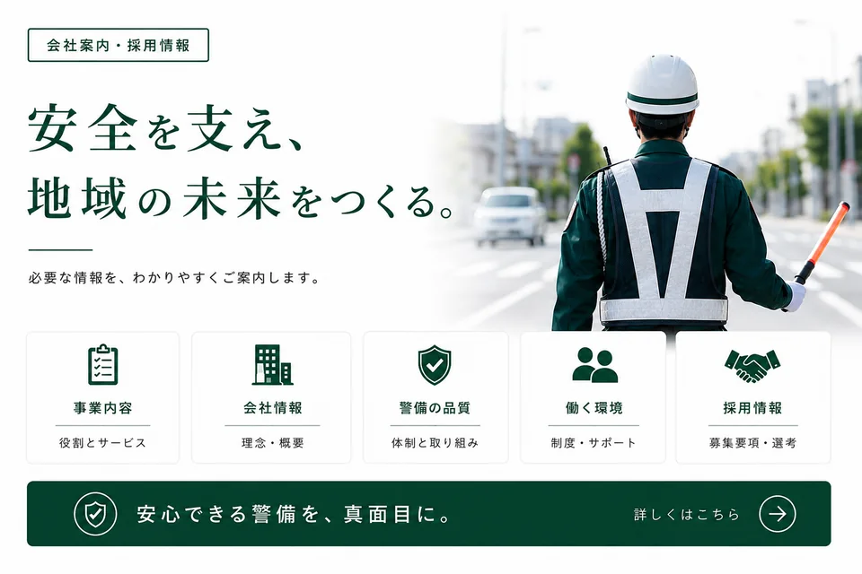 架空の土木・除雪会社サイトで、一日の仕事と会社案内・採用情報を伝える画面イメージ