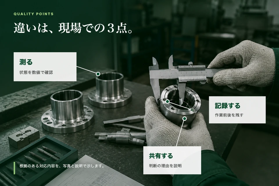 架空の精密加工会社LPで、測定・記録・共有の対応内容を現場写真へ結ぶ画面イメージ