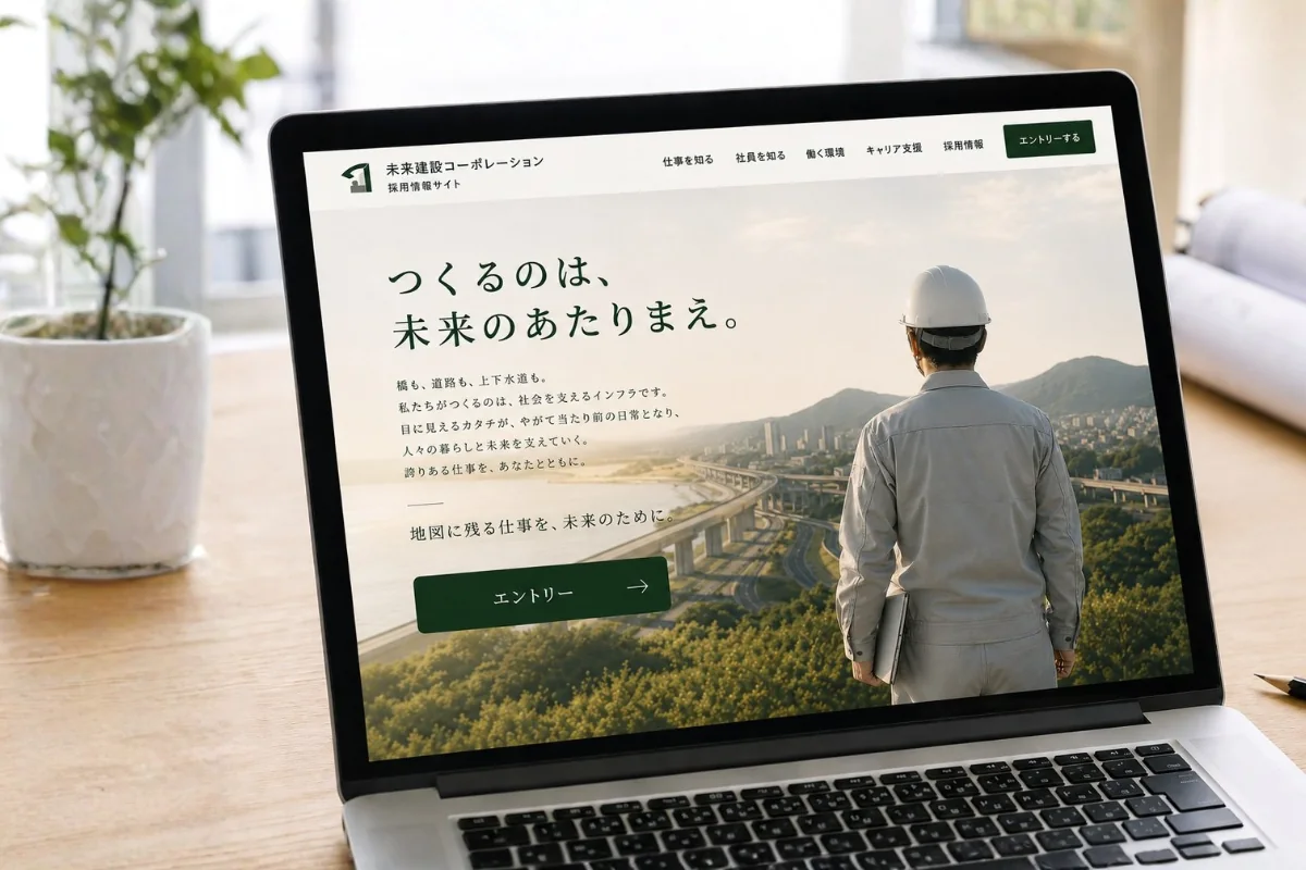 架空の建設会社採用LPを見ながら構成を整理する場面
