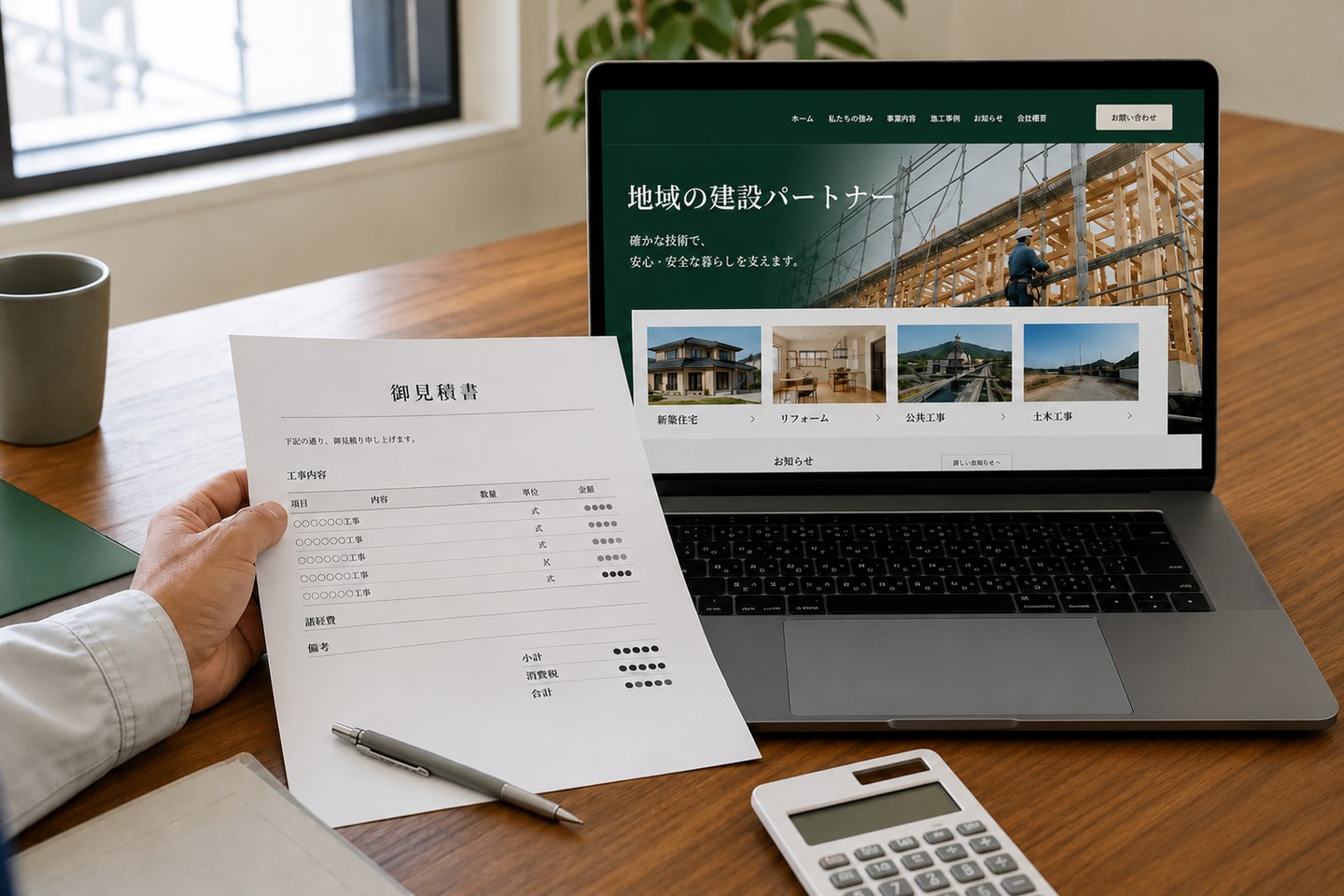 架空の建設会社サイトを見ながら見積り項目を確認する場面